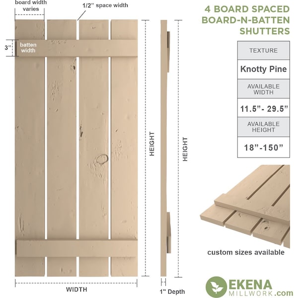 Rustic Four Board Spaced Board-n-Batten Knotty Pine Faux Wood Shutters, 23 1/2W X 32H